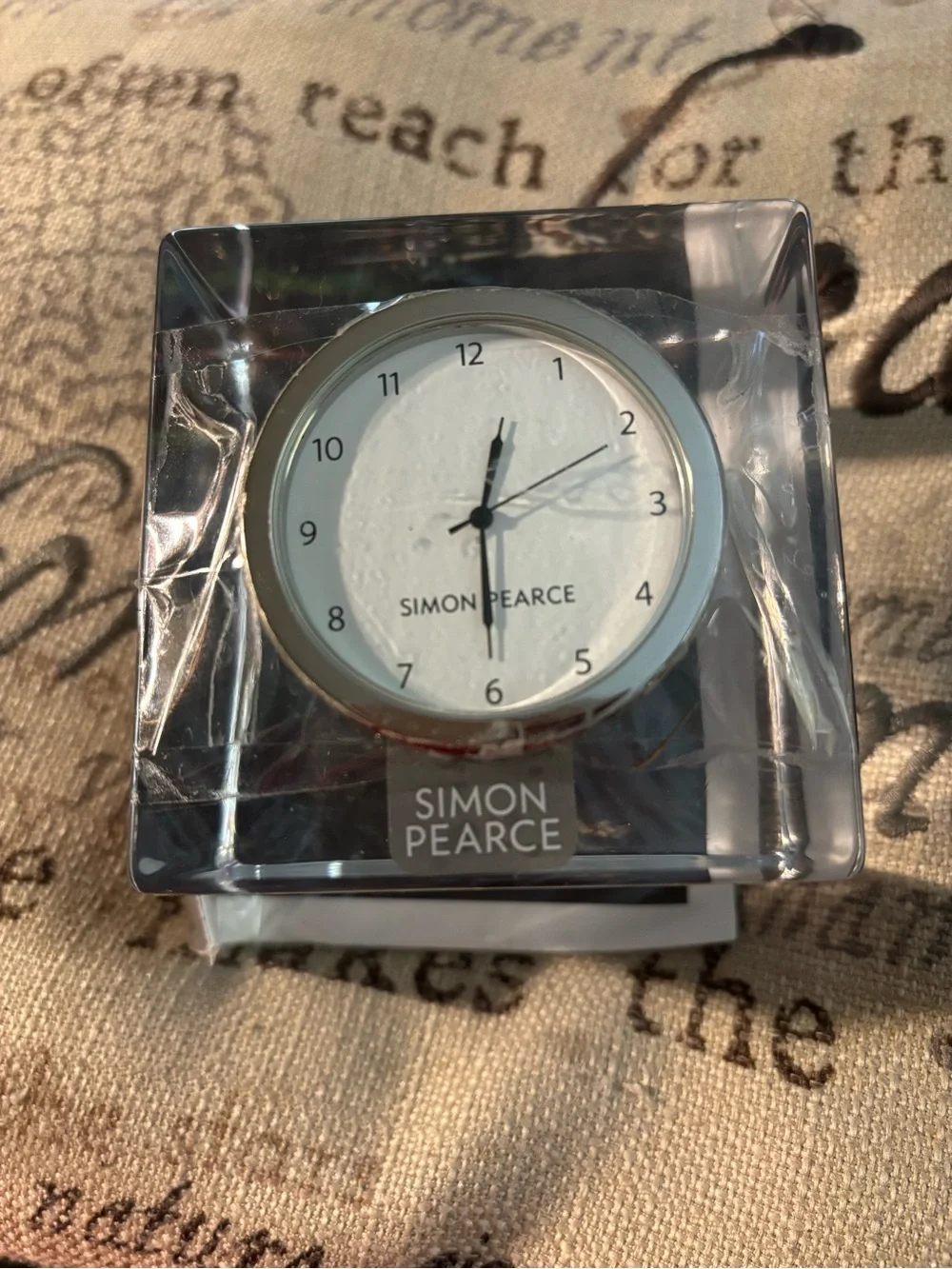 Simon Pearce Woodbury Heavy Crystal Desk Clock Cube Gold Bezel  etched Signed